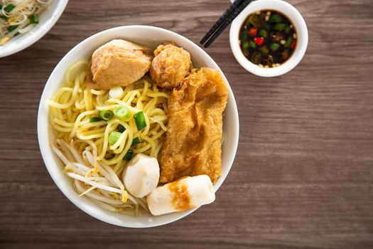 Kampar Fish ball noodle on wooden table