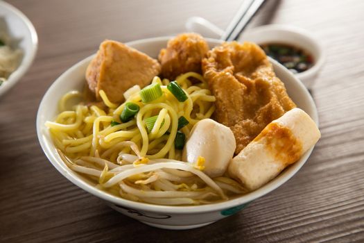 Kampar Fish ball noodle on wooden table