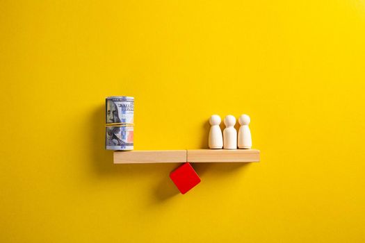Wooden people and a bundle of dollars on the scales. Saving the company's budget. Average income, wages