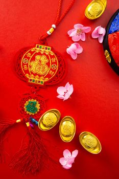 Translation of text appear in image: Prosperity and Spring. Flat lay Chinese new year