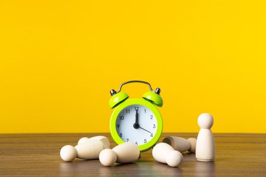 Work in stress, deadline time. Business planning.  On yellow background