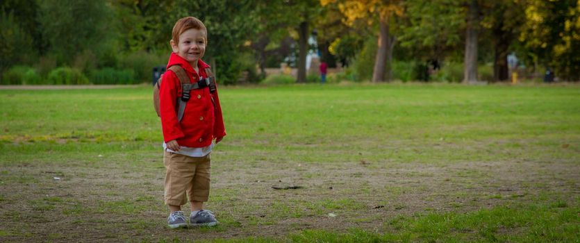 A cute, redhead, baby boy wearing a red jacket standing on a lawn in a park on a sunny evening