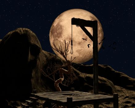 Gallow on a spooky night with a golden full moon and crows - 3d rendering