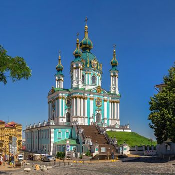 Kyiv, Ukraine 07.11.2020. The St. Andrew Church and The Andriyivskyy Descent in Kyiv, Ukraine, on a sunny summer day