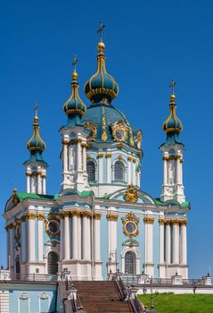 Kyiv, Ukraine 07.11.2020. The St. Andrew Church and The Andriyivskyy Descent in Kyiv, Ukraine, on a sunny summer day