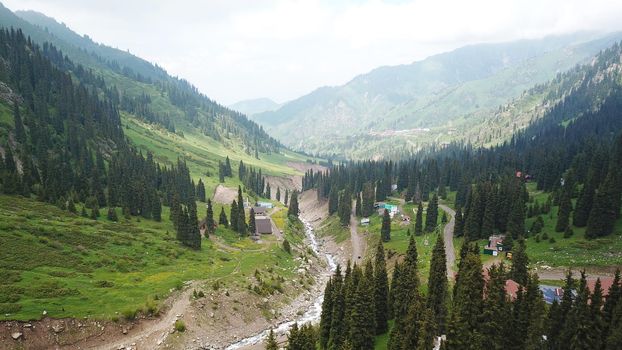 Green gorge with forest in the mountains. Aerial view of green hills, coniferous trees, road, river and trail. Steep cliffs with large rocks. The gorge is foggy, dripping rain in places. Kazakhstan.