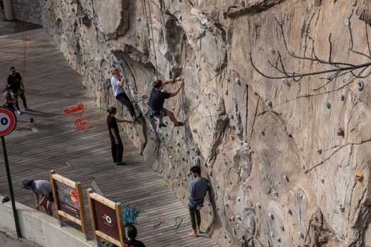 Ordino, Andorra: 2021 March 30: Spring climbing wall in Ordino, Andorra in the Pyrenees in 2021.