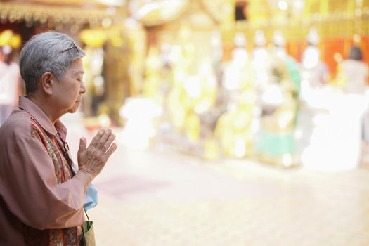 old asian elder senior woman traveler tourist praying at buddhist temple.