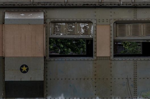 Vintage railroad container window without rusty and old color at station, Window of old railroad bogie.