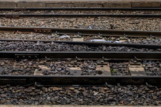 Railroad crossing through in railway station, Railway background, Selective focus.