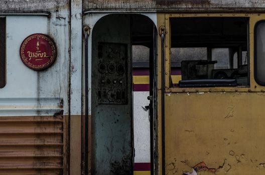 Vintage railroad container doors without rusty and old color at station, Door of old railroad bogie.
