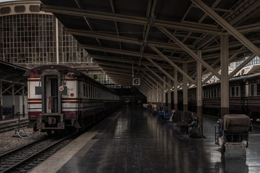 Bangkok, thailand - Jul 7, 2019 : Train is parked at platform waiting for passengers in hua lamphong railway station, the main railway station of Thailand located in the center of Bangkok.
