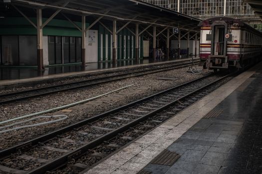 Bangkok, thailand - Jul 7, 2019 : Train is parked at platform waiting for passengers in hua lamphong railway station, the main railway station of Thailand located in the center of Bangkok.