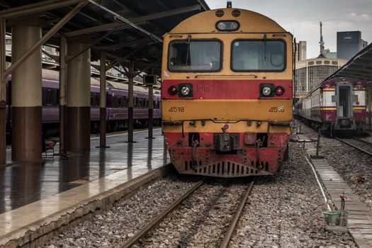 Bangkok, thailand - Jul 7, 2019 : Train is parked at platform waiting for passengers in hua lamphong railway station, the main railway station of Thailand located in the center of Bangkok.