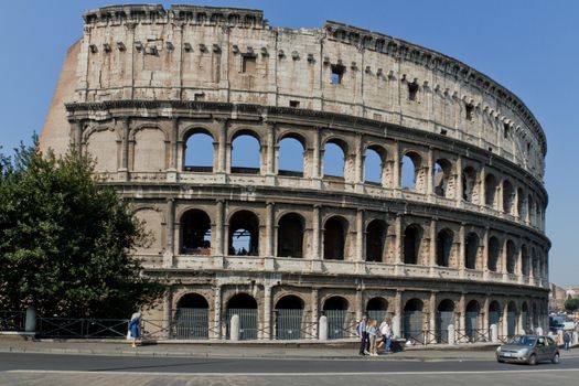 Wide-angle view of the Colosseum at Rome on a sunny day