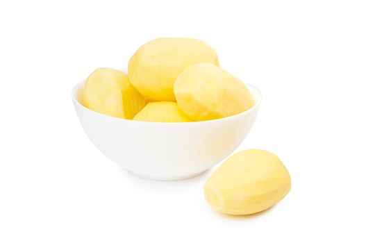 Peeled potatoes in a white bowl isolated on white background. With clipping path