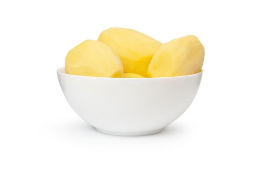 Peeled potatoes in a white bowl isolated on white background. With clipping path