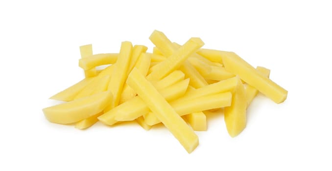 Raw Potato sliced strips prepared for French fries isolated on white background. With clipping path