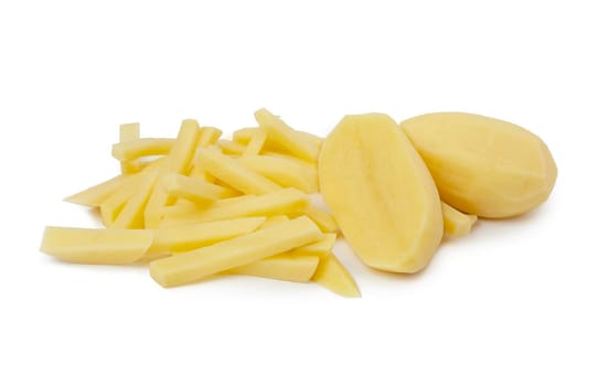 Raw Potato sliced strips prepared for French fries isolated on white background. With clipping path