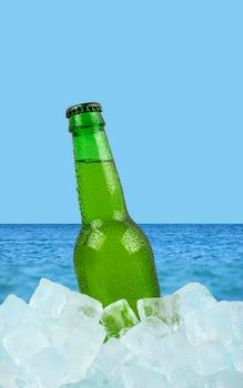 Close up one green glass bottle of cold lager beer on ice cubes over background of summer sea and sky, low angle side view