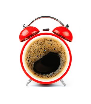Close up one red retro alarm clock with black coffee cup froth face, isolated on white background, low angle, front view