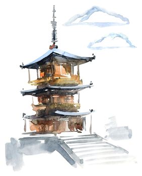 Pagoda with clouds on white background. Watercolor sketch.