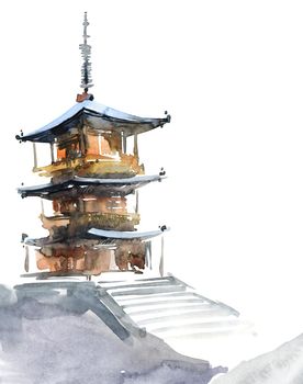 Pagoda on white background. Watercolor sketch.