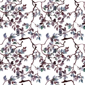 Painted by ink and watercolor tree foliage. Seamless pattern.