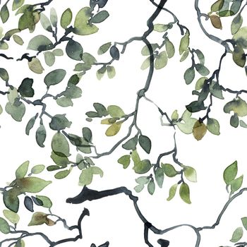 Painted by ink and watercolor tree foliage. Seamless pattern.