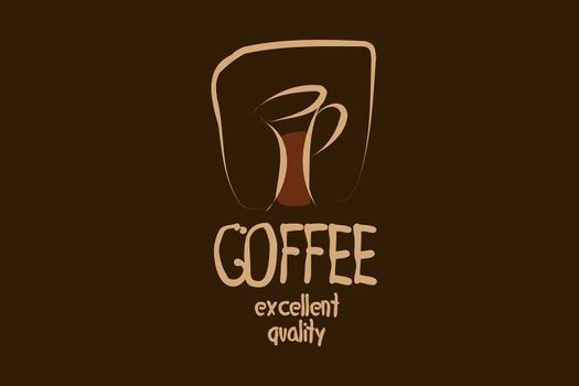 Vector logo with a drawn coffee cup on a dark background.