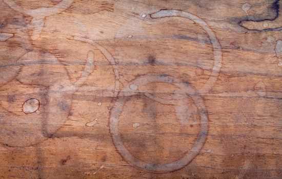 Coffee cup stain on shabby wooden background .Beverage background and Coffee menu design .