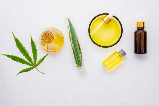 Glass bottle of cannabis oil and hemp leaves set up  on white background.