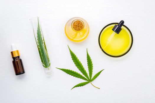 Glass bottle of cannabis oil and hemp leaves set up  on white background.