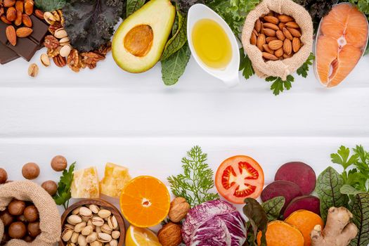 Ingredients for the healthy foods selection on white background. Balanced healthy ingredients of unsaturated fats and fiber for the heart and blood vessels.