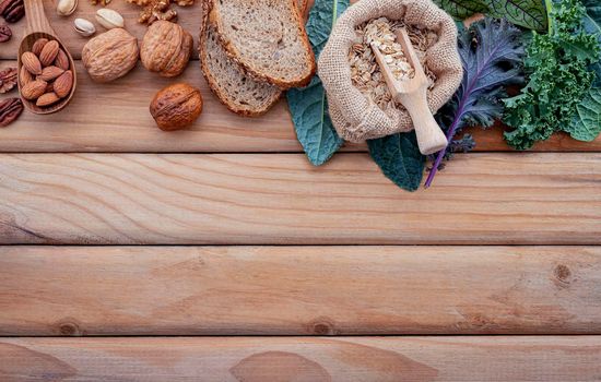 Ingredients for the healthy foods selection. The concept of healthy food set up on shabby wooden background.