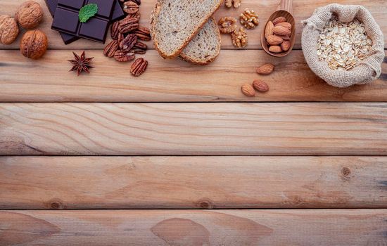 Ingredients for the healthy foods selection. The concept of healthy food set up on shabby wooden background.