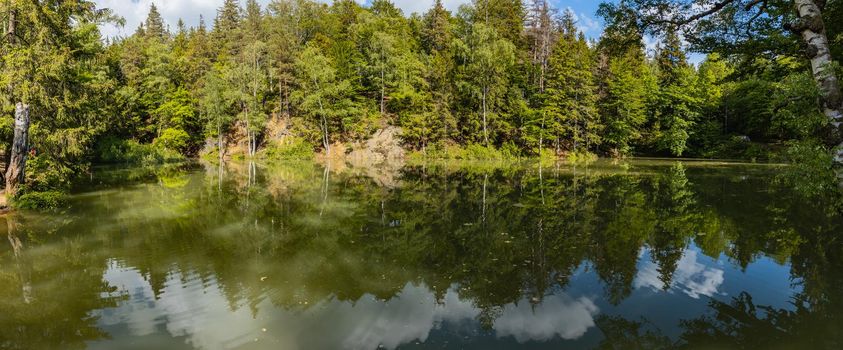 Panorama of Beautiful colorful lakes "Kolorowe Jeziorka" square in Rudawy Janowickie mountains