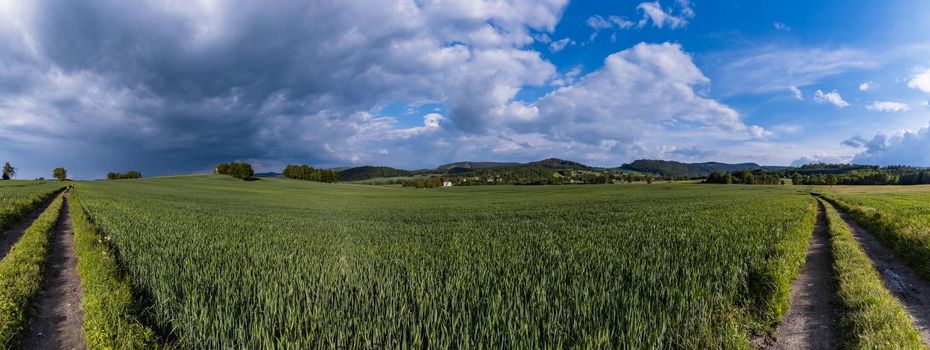 Wide 180 panorama of Long mountain trail with beautiful landscape in Rudawy Janowickie