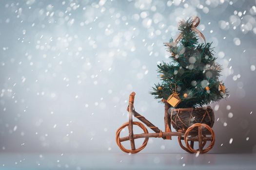 Christmas tree on wood car. Christmas holiday celebration concept