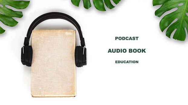 Audio book or podcast concept  on white background, Banner size photo