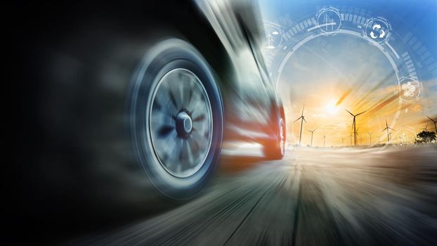 Speeding car with natural energy technology. Low angle side view of car driving fast on motion blur