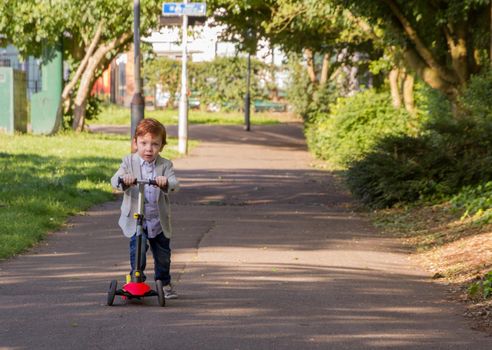Cute, Redhead Baby Boy Riding a Scooter in a Park