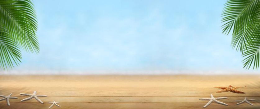 Travel background concept. Empty wooden with beach on landscape blurred background