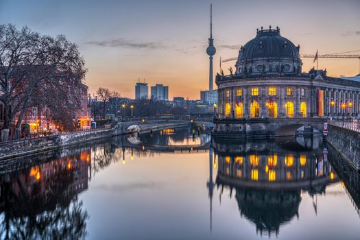 The Bode Museum, the Television Tower and the river Spree in Berlin before sunrise