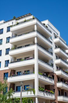Modern white apartment block seen in Berlin, Germany