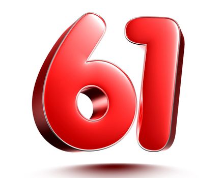 Red numbers 61 on white background 3D rendering with clipping path.