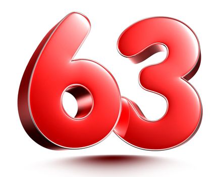 Red numbers 63 on white background 3D rendering with clipping path.