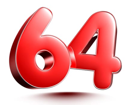 Red numbers 64 on white background 3D rendering with clipping path.