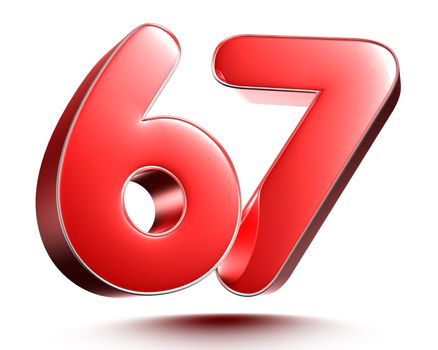 Red numbers 67 on white background 3D rendering with clipping path.
