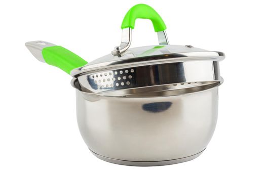 small shiny stainless steel pot with green silicon handle and glass lid - isolated on white background